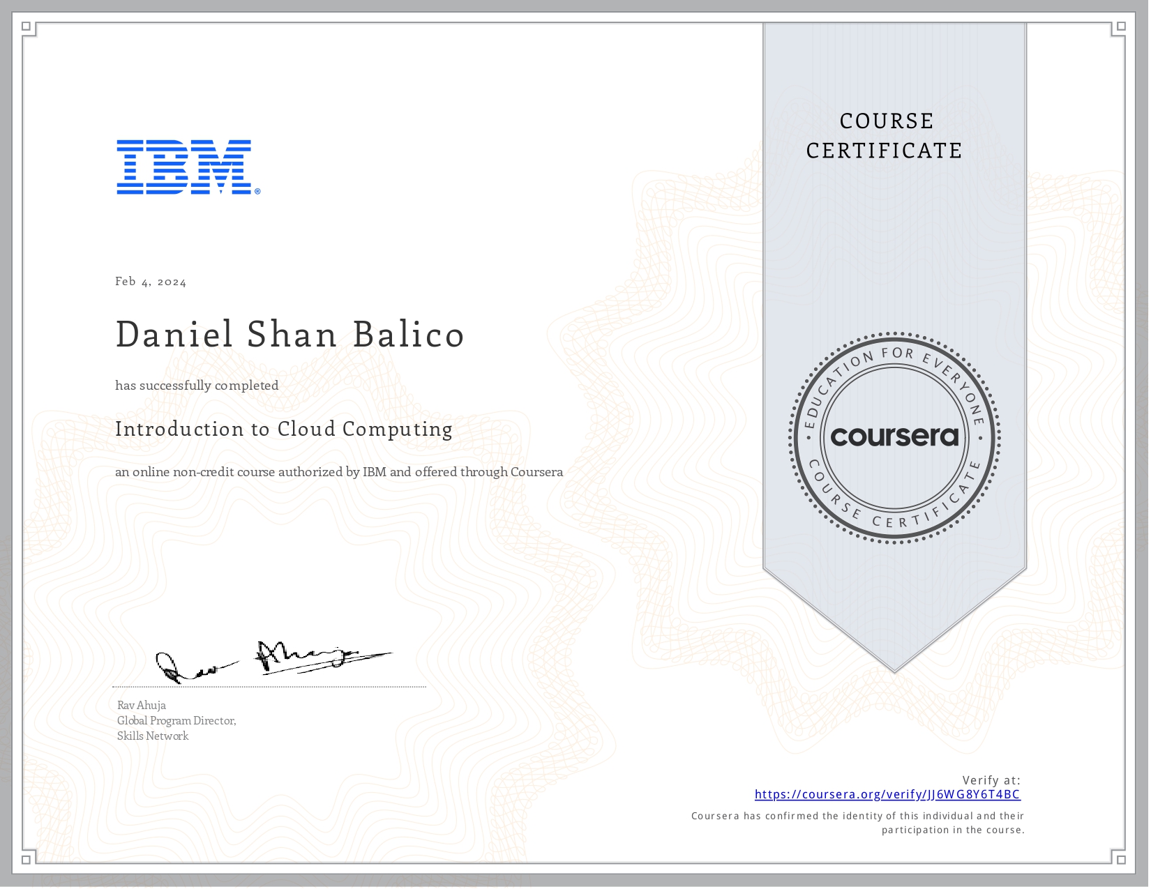 Introduction to Cloud Computing Certificate from Coursera & Authorized by IBM