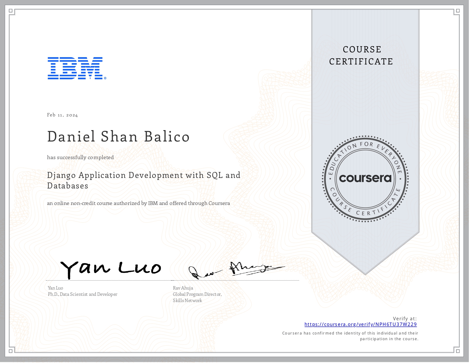 Django Application Development with SQL and Databases Certificate from Coursera & Authorized by IBM