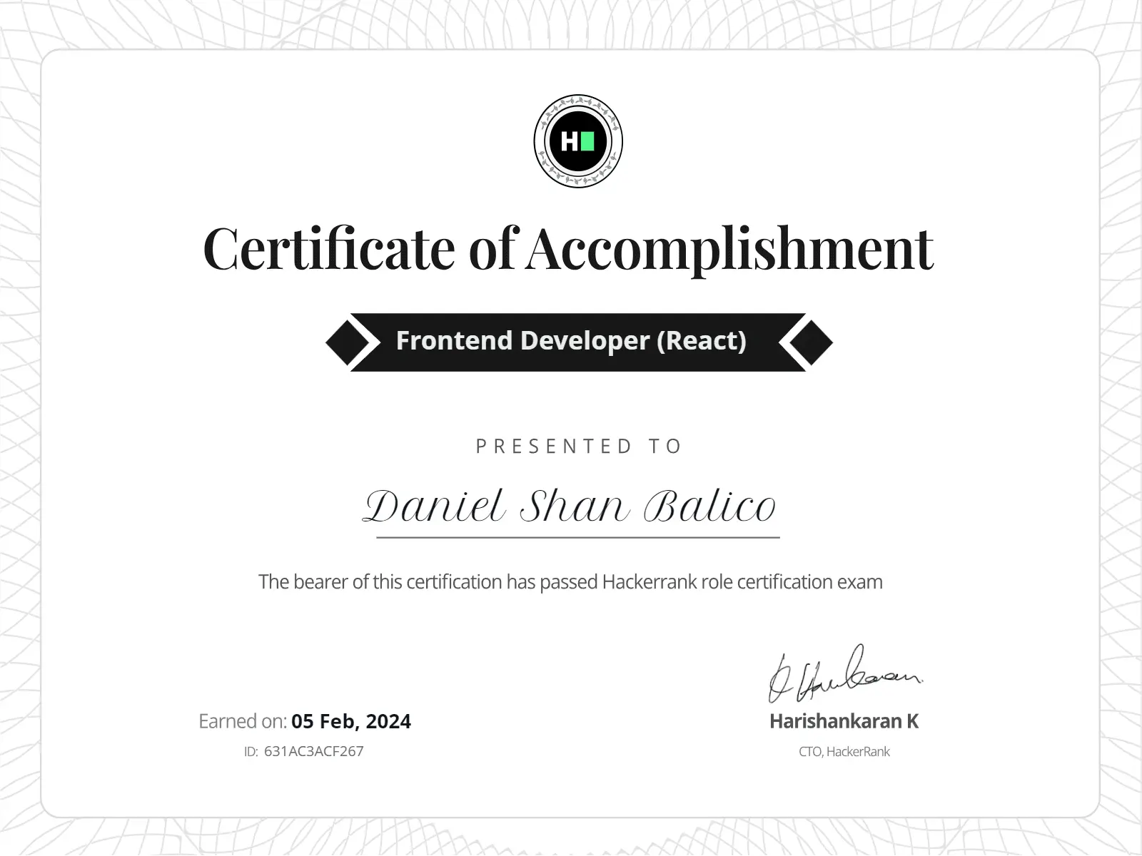 Front-End Developer (React) Certificate from HackerRank